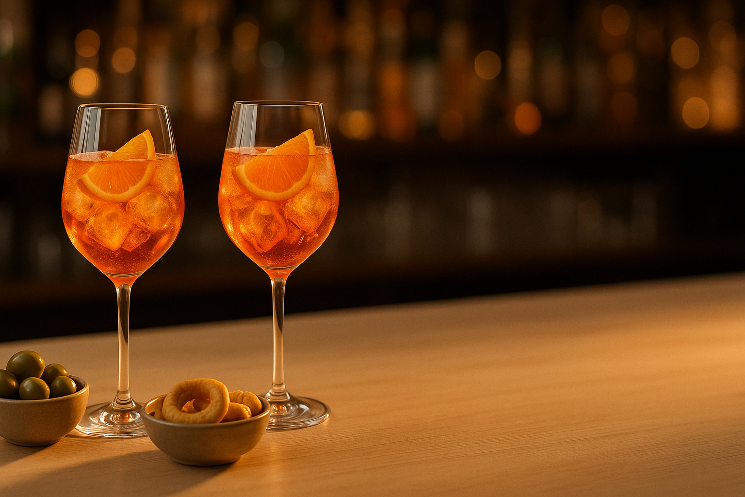peritivo italiano con spritz, olive e taralli su tavolo di legno