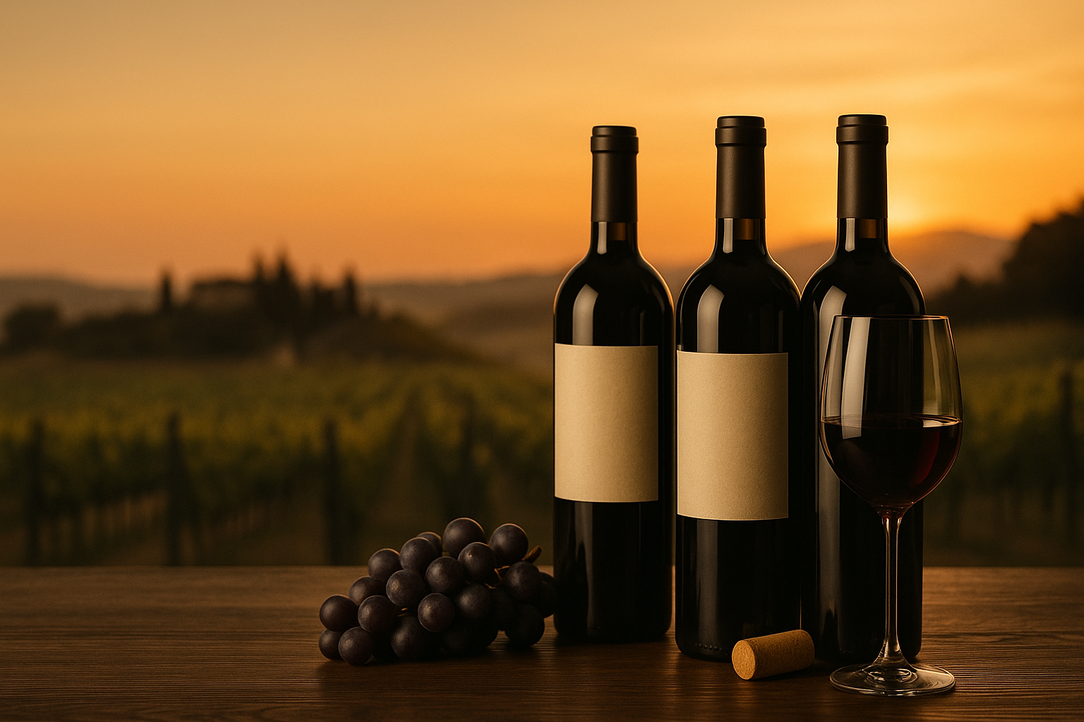 Bottiglie di vino e calice con vigneto al tramonto sullo sfondo